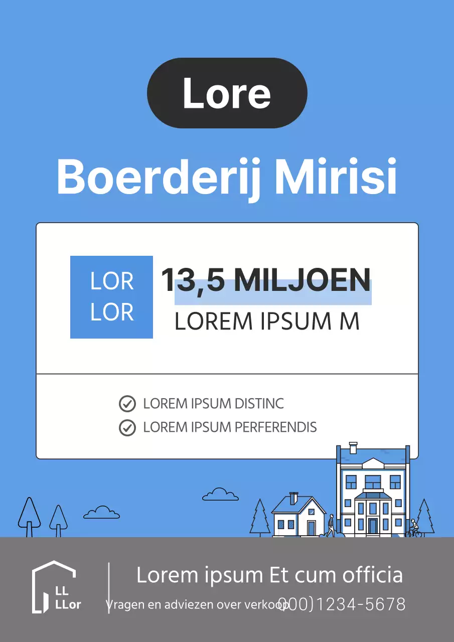 Eenvoudige illustratie in lichtblauwe tinten voor een listingdocument van een onroerendgoedtransactie.