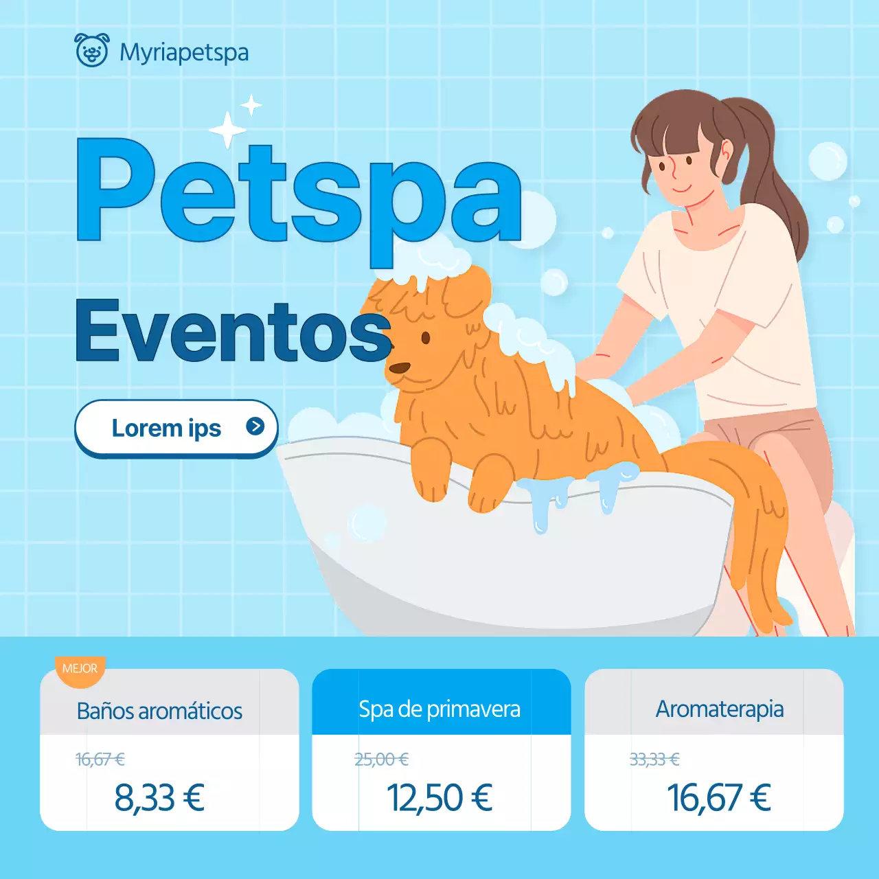 azul color ilustración feria de mascotas spa de mascotas evento redes sociales cuadrado