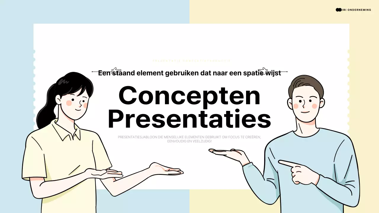 Inleidende presentatie met een menselijk element dat wijst naar een lichtblauwe en gele ruimte