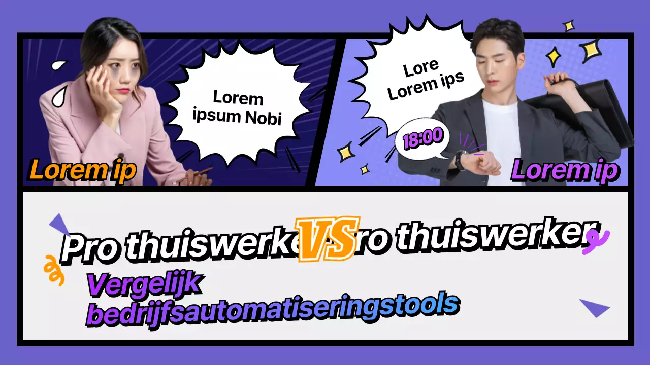 YouTube-miniatuurafbeelding van paarse cartoonillustratie waarin tools voor bedrijfsautomatisering worden vergeleken.