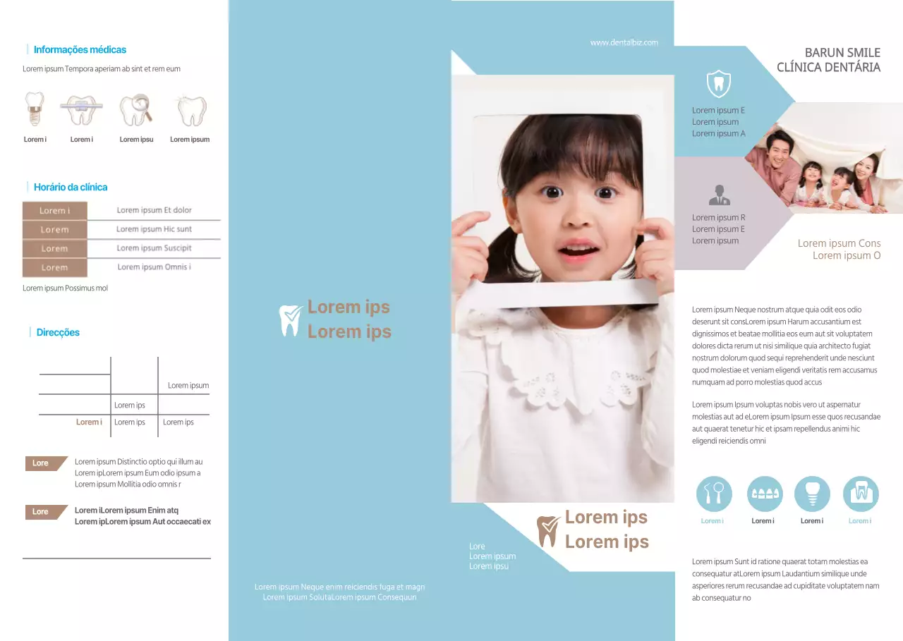 Azul claro e branco, estilo simples para promover e informar a sua clínica dentária