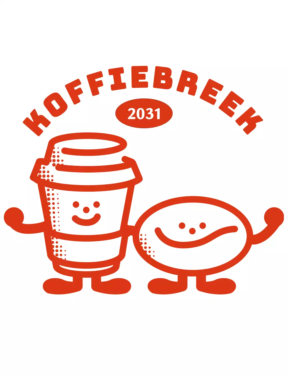Een café met een rood tekstlogo en een schattig koffiepoppetje