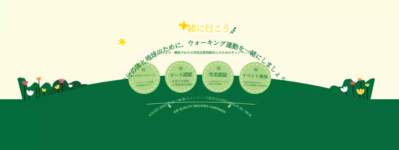 緑と黄色のすっきりとしたスタイルのウォーキング運動キャンペーン情報のご案内