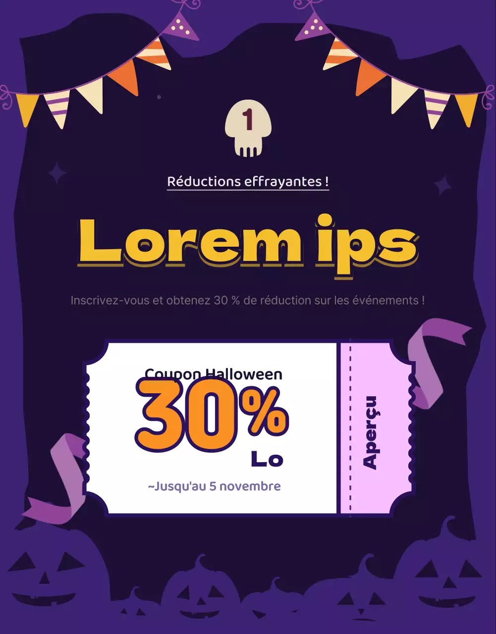 Coupon violet sur le thème d'Halloween offre de réduction événement