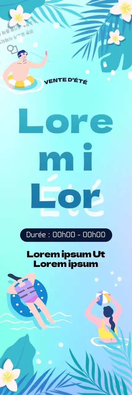 Un événement d'hébergement pour les vacances d'été avec un fond d'océan en dégradé frais, des palmiers et des illustrations de baignade.