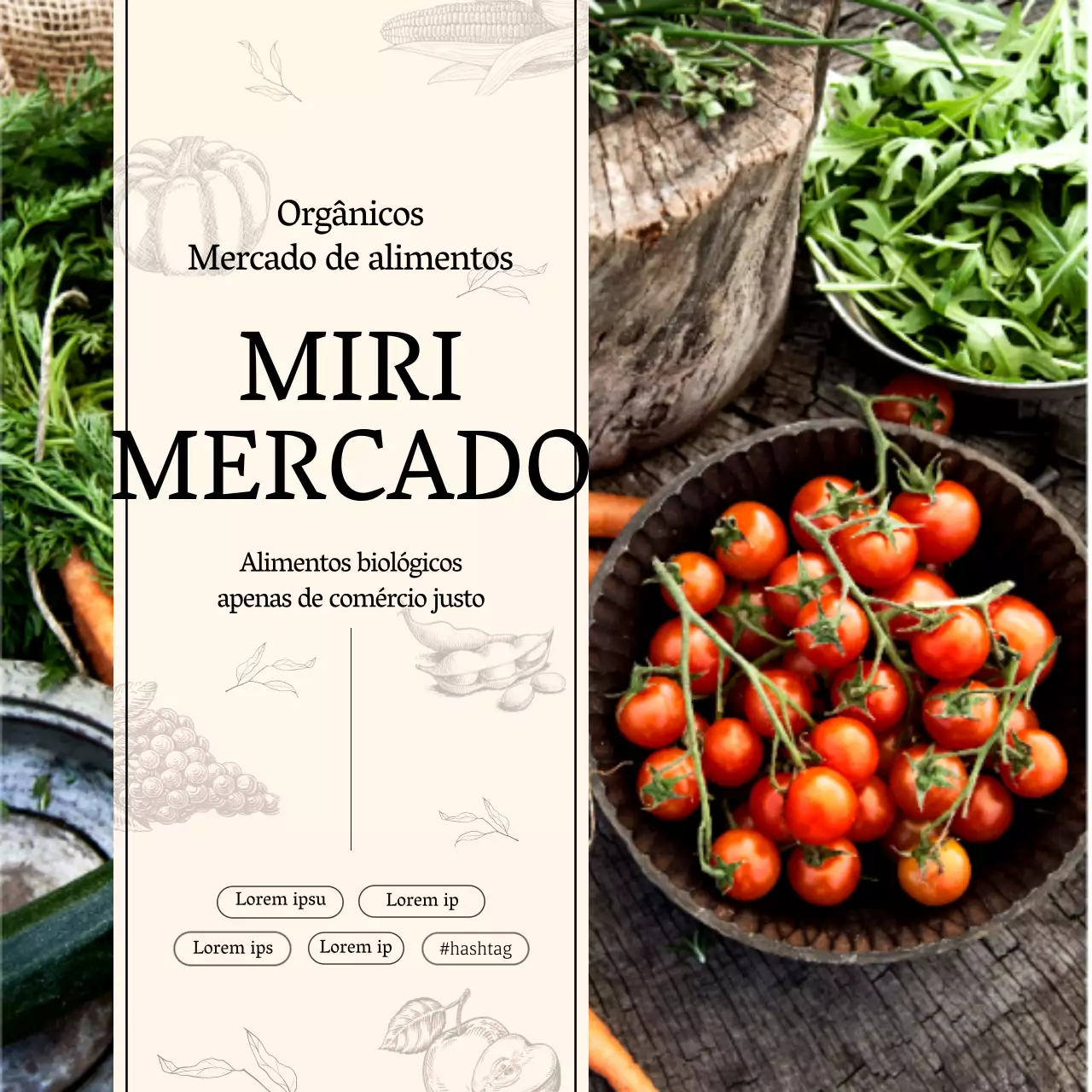Mercado alimentar com fotografia bege e padrões de ilustração
