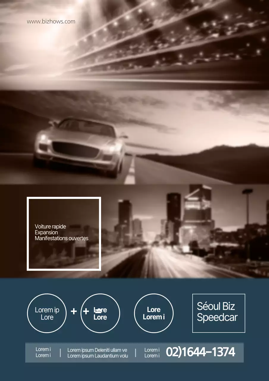 Promouvoir un événement de classe chez un concessionnaire automobile avec des photos de voitures bleues et brunes