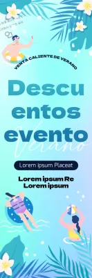 Un evento de alojamiento para las vacaciones de verano con un fondo oceánico en degradado fresco e ilustraciones de palmeras y nadadores.