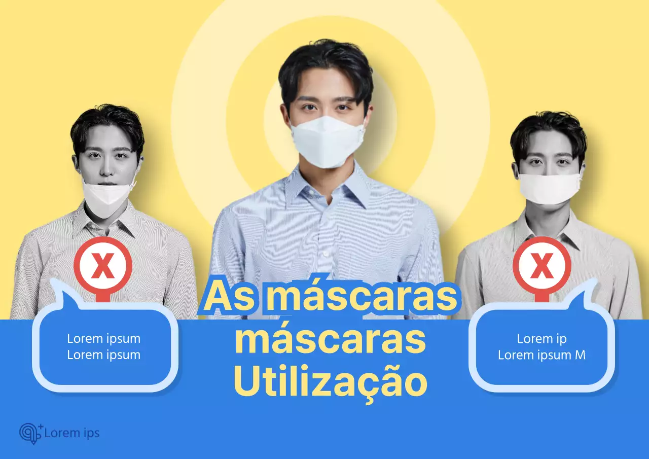Cartaz sobre a utilização correcta da máscara COVID-19 com imagem humana em fundo amarelo-azul
