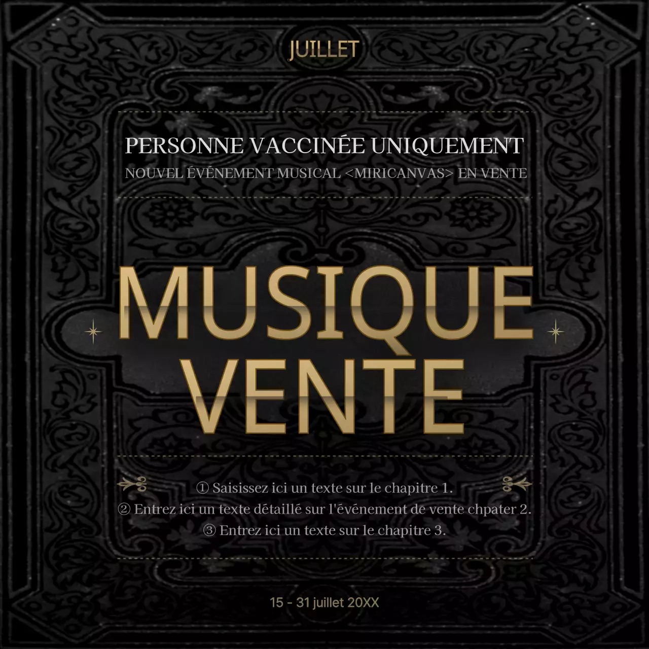 Événement musical de réduction sur le thème du livre classique noir et or réservé aux vaccinateurs