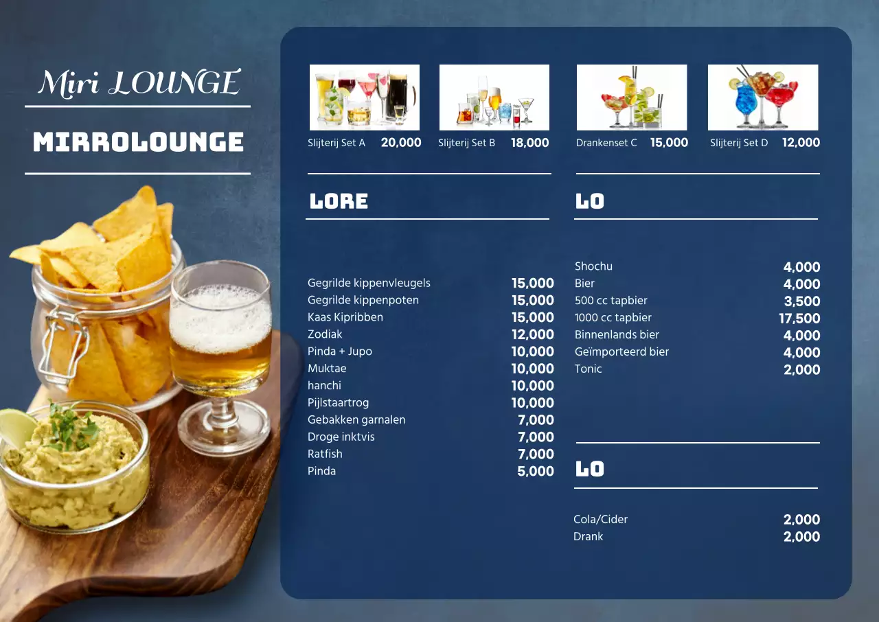 Het menu van Hofzip Lounge, in blauw afgebeeld.