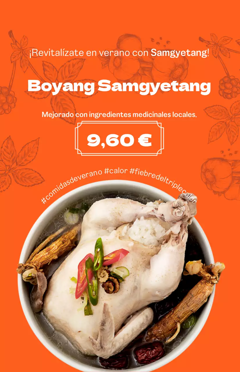 Bo-yang Samgyetang con un vibrante fondo naranja e ilustraciones coreanas