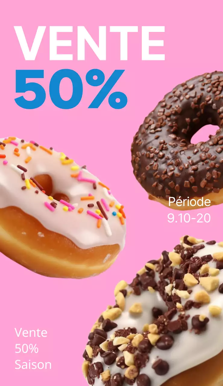 Un panneau d'affichage simple et coloré avec du texte et des photos concernant une vente de beignets.