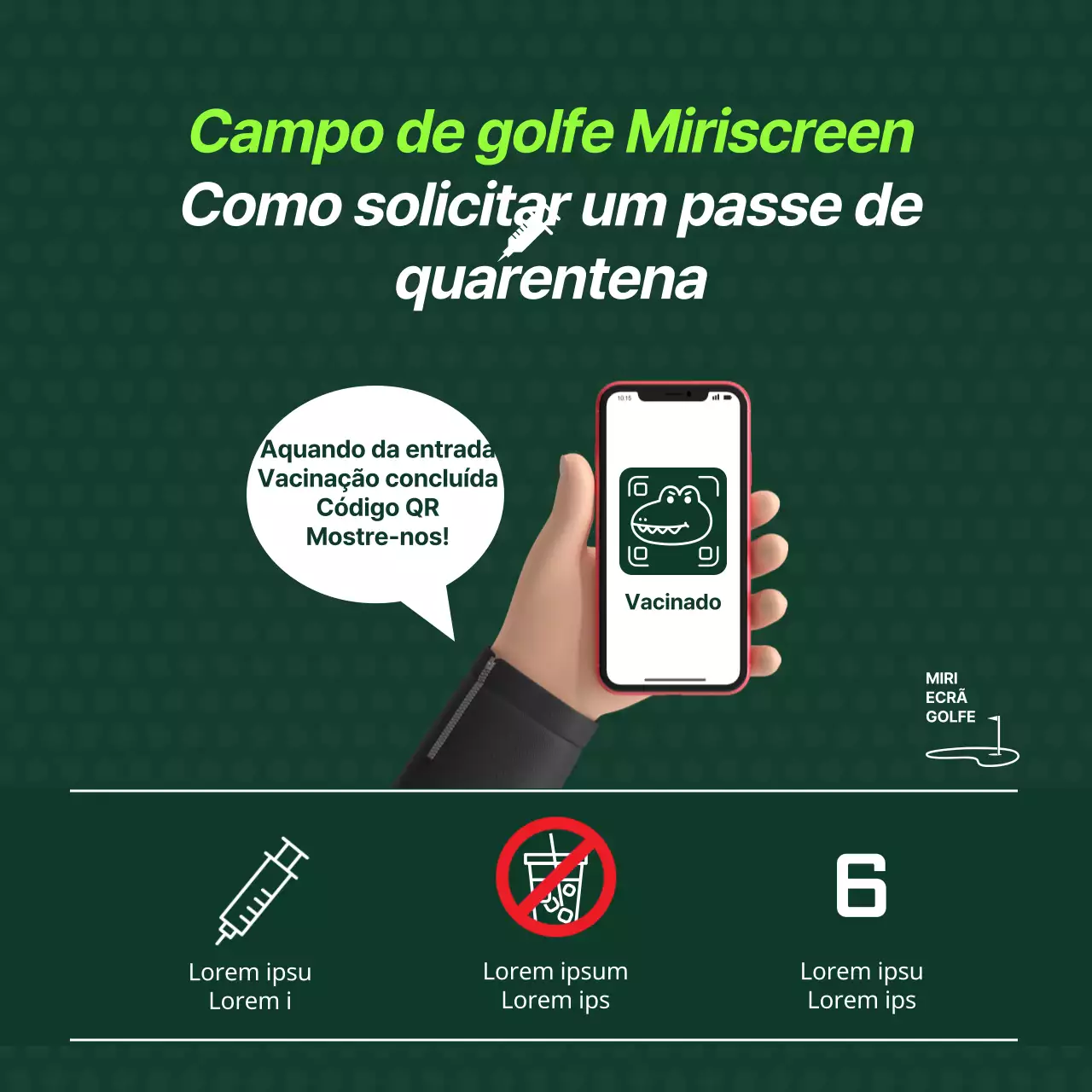 Anúncio da aplicação do passe de quarentena para campos de golfe com um conceito de ilustração verde calmante