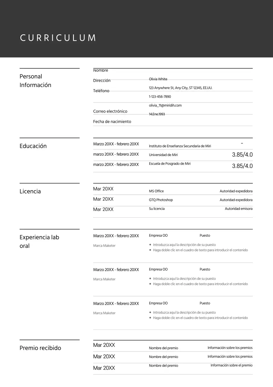 Un formulario de currículum gris y de concepto sencillo