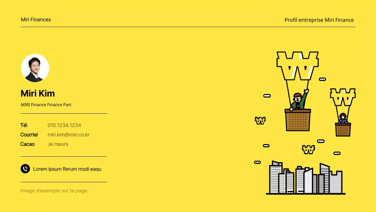 Un profil d'entreprise financière minimaliste en jaune et blanc