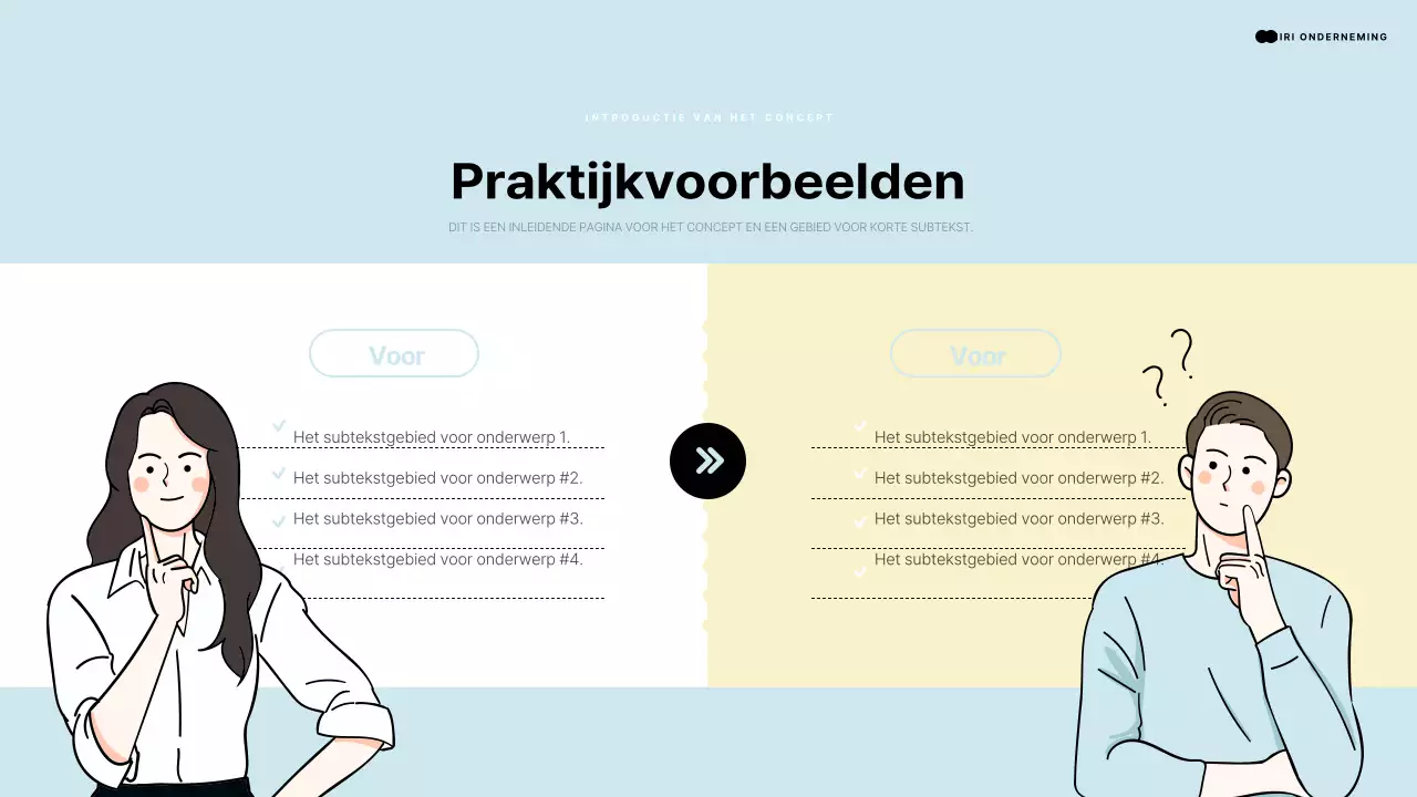 Inleidende presentatie met een menselijk element dat wijst naar een lichtblauwe en gele ruimte