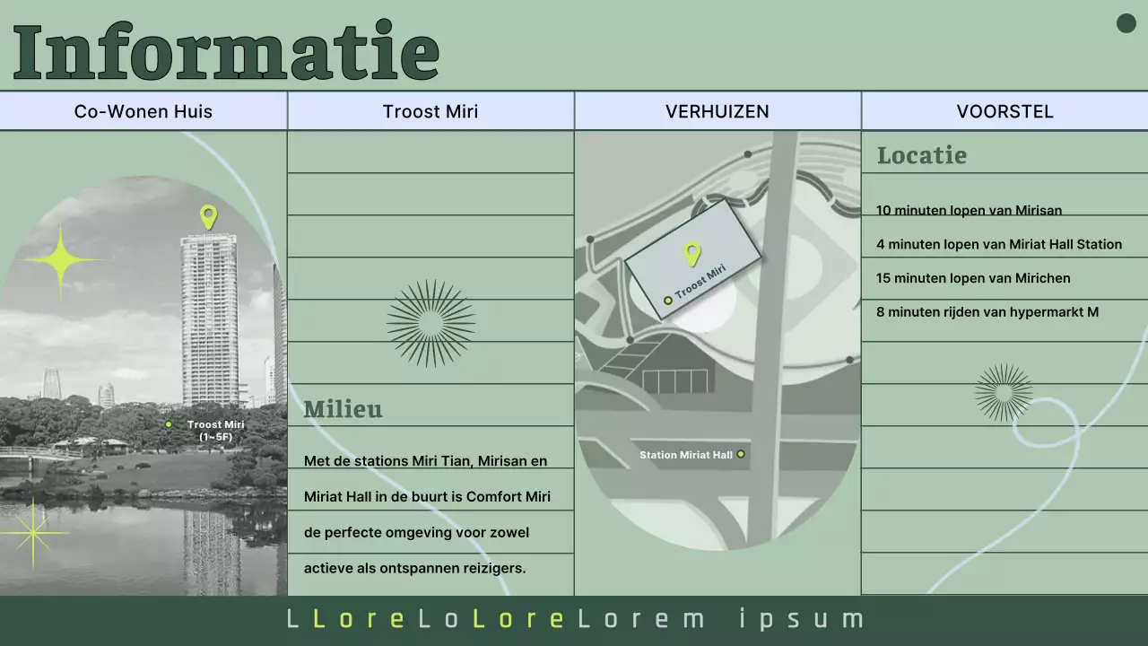 Voorstel voor een huis voor samenwonen met afgezwakte groene foto's en lijnen