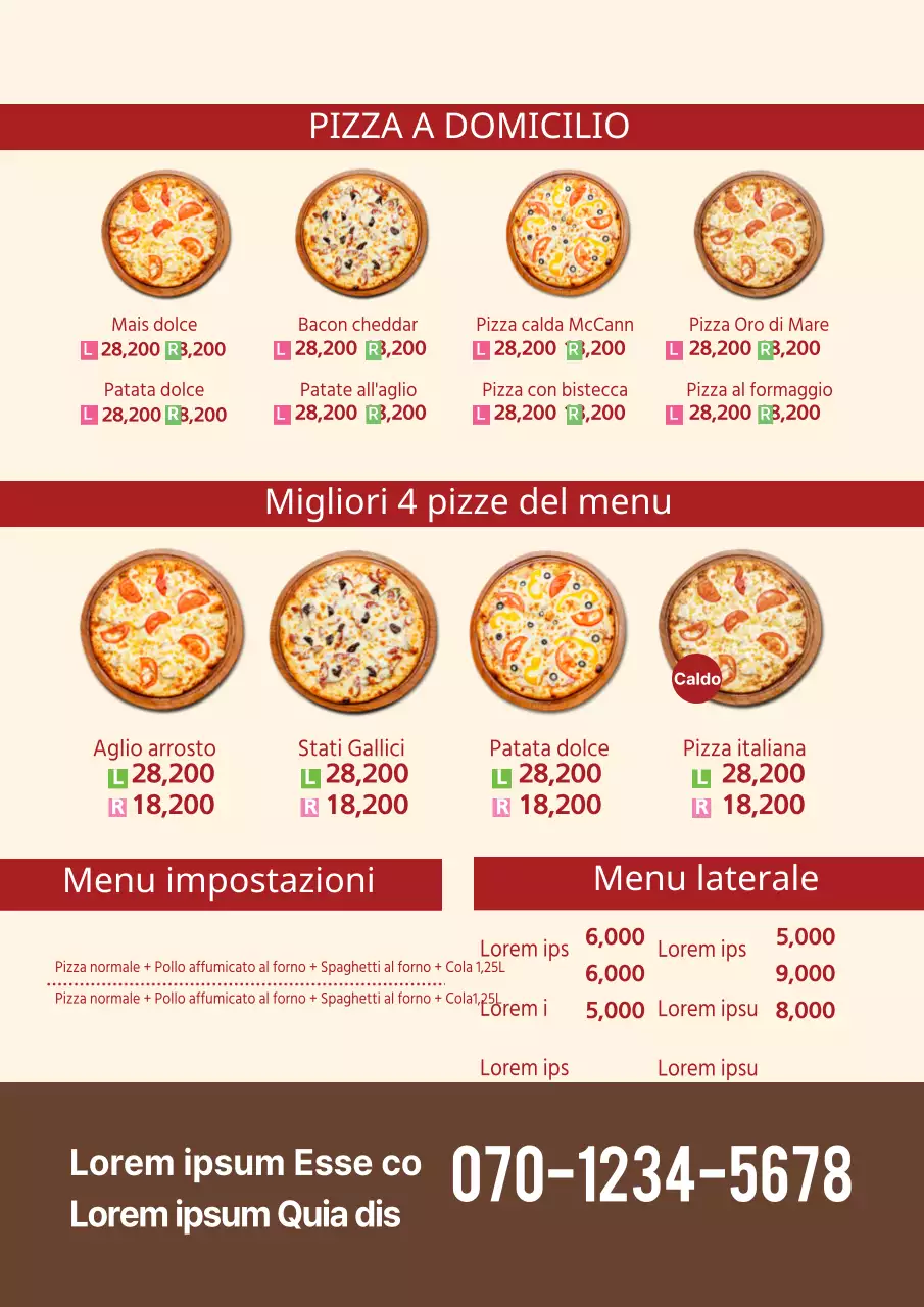 Tabella menu pizza con immagini menu marrone e rosso