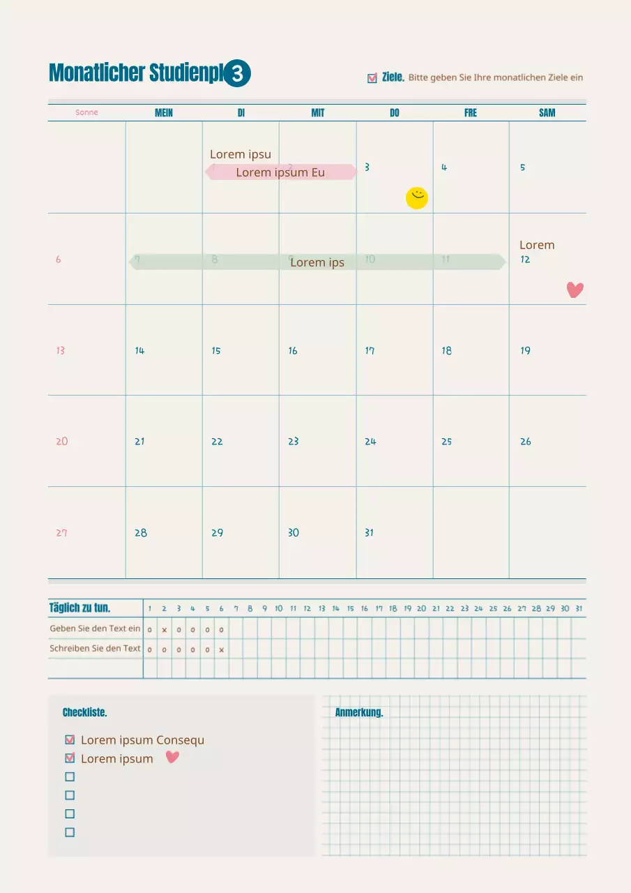 Monatlicher Studienplan in Türkis und Braun