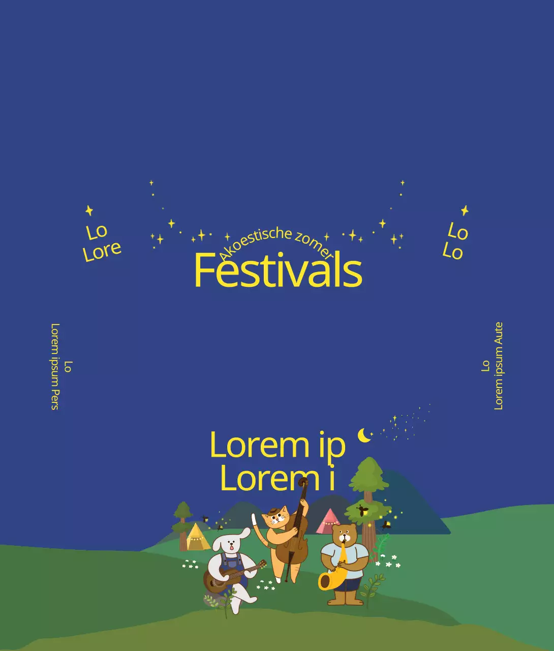 Schattige dierenillustraties in de kleuren van de nachtelijke hemel Zomer Akoestisch Festival Festivalgids