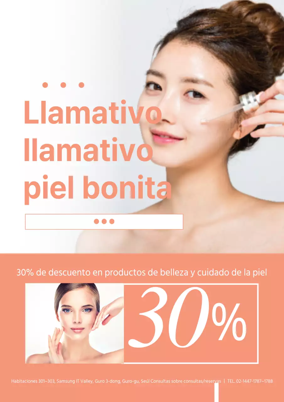 Sencillo folleto naranja para promocionar un evento de descuentos de una marca de productos para el cuidado de la piel