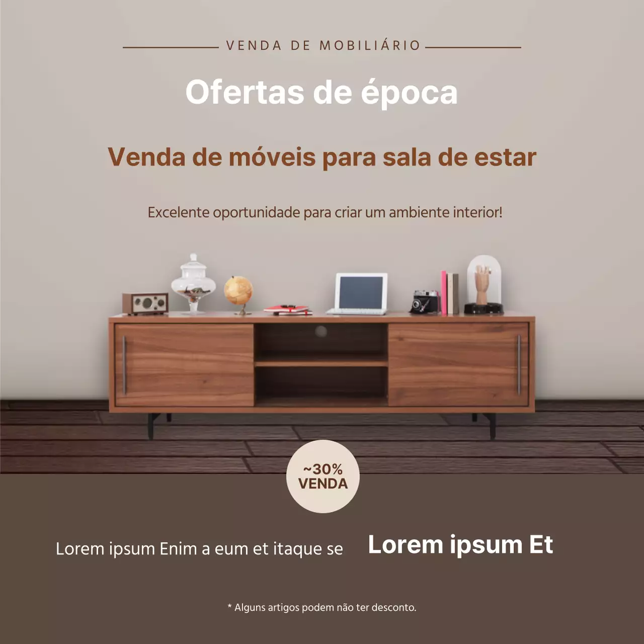 A fotografia castanha destaca a promoção de um evento de interiores de mobiliário elegante