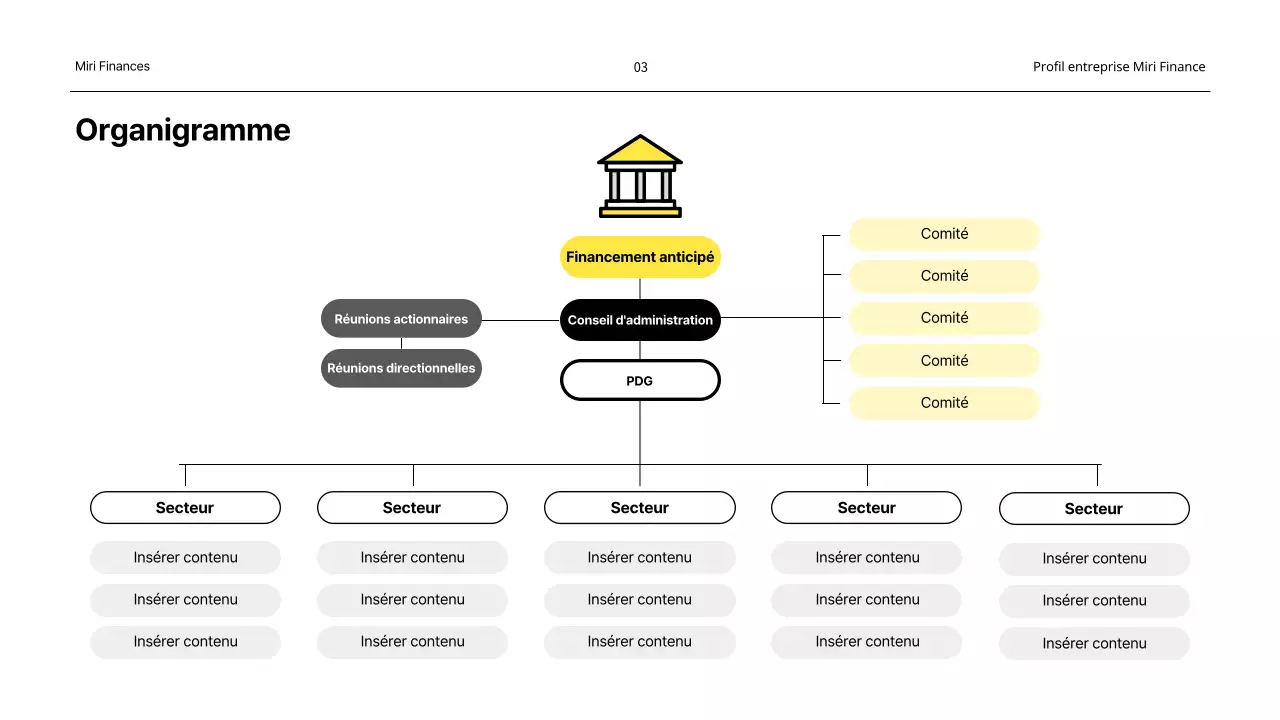 Un profil d'entreprise financière minimaliste en jaune et blanc