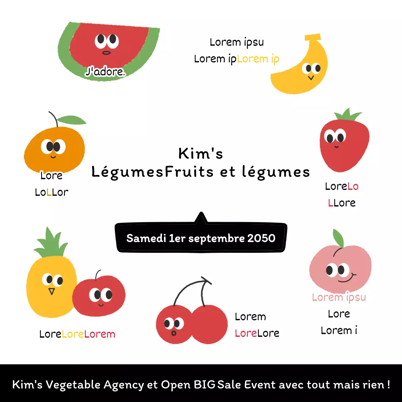 Annonce de vente libre de fruits et légumes avec des jeux de mots sur les fruits sur fond blanc