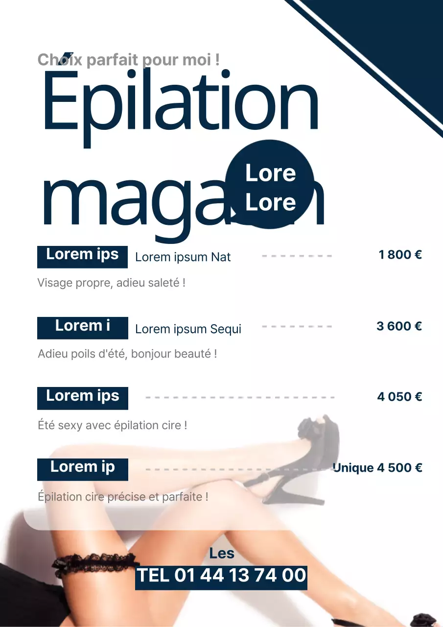 Panneau de menu simple d'un salon d'épilation à la cire avec une photo d'un mannequin à la jambe bleu marine