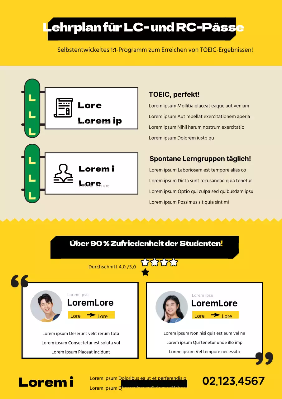 Saubere gelbe und schwarze Icons und Text, um für TOEIC zu werben