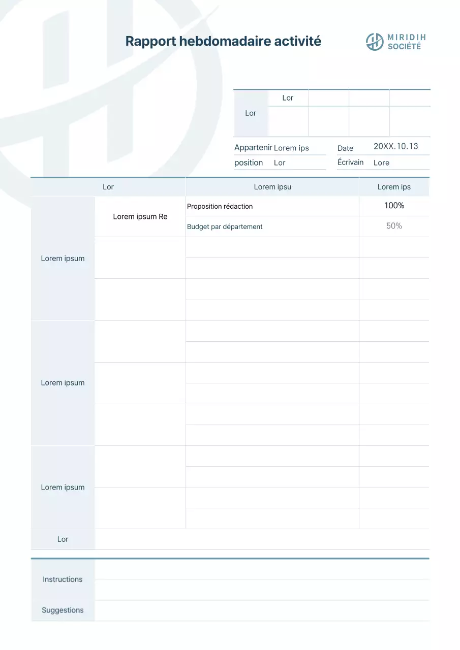 Formulaire simple de document d'entreprise Rapport de travail hebdomadaire