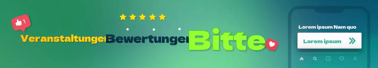 Review Event-Promotion-Banner, horizontales Rechteck mit frischem grünem und gelbem Farbschema und einem Titelschwerpunkt