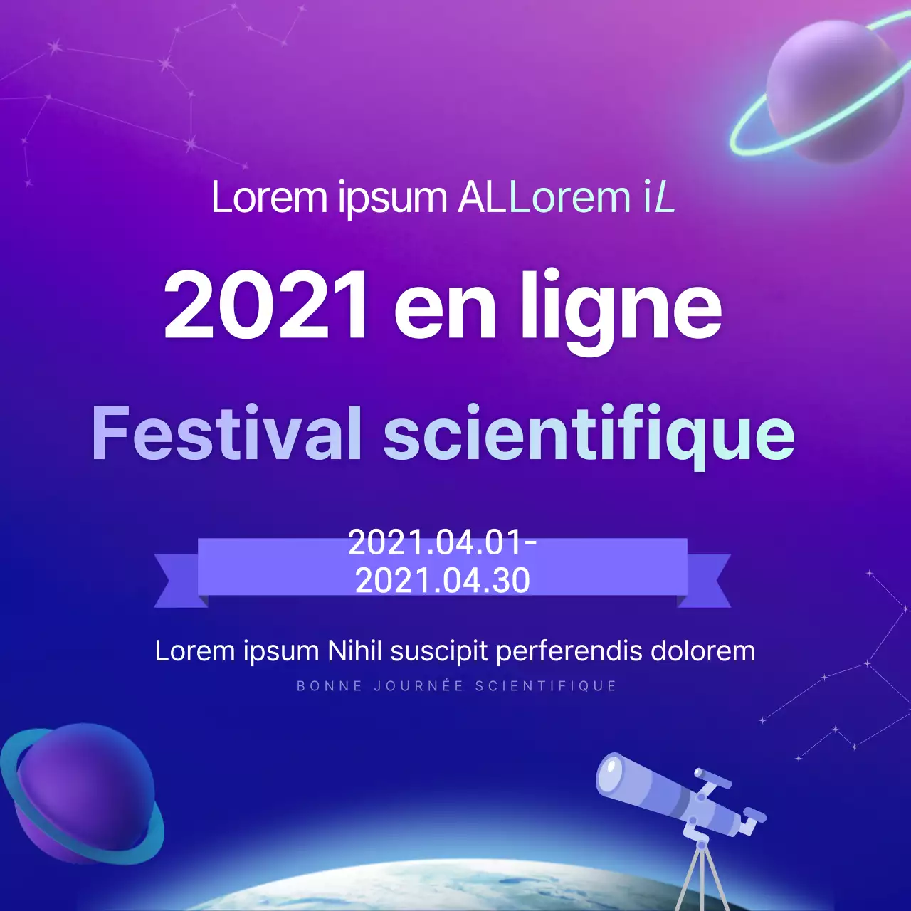 Design violet inspiré de l'espace pour la fête de la science