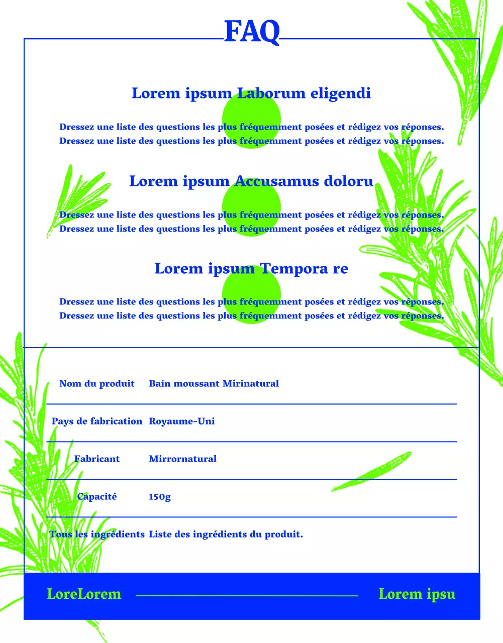 Bain moussant pré-naturel avec dessin au trait d'herbes en vert et bleu fluo