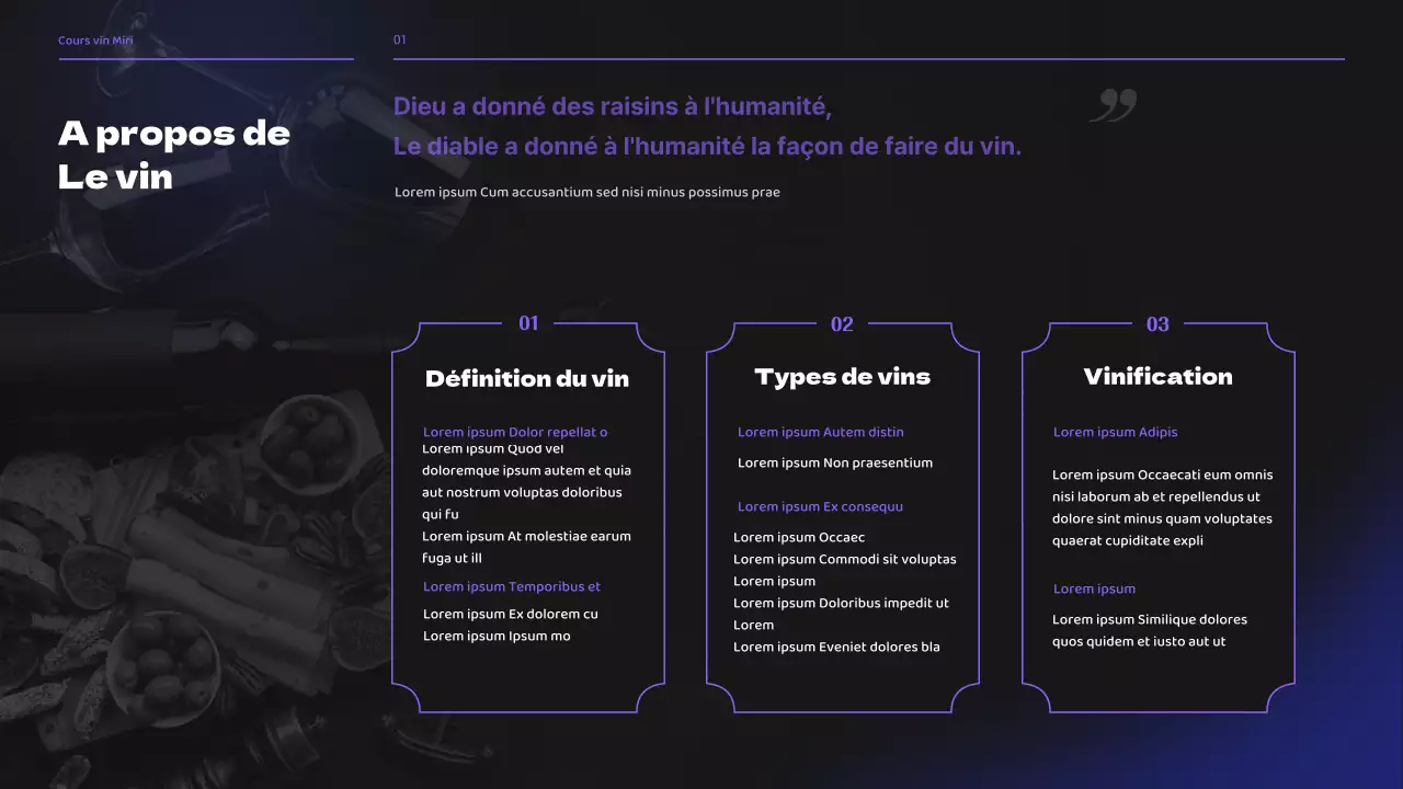 Séminaire de cours de brassage de vin dans les tons noirs et violets