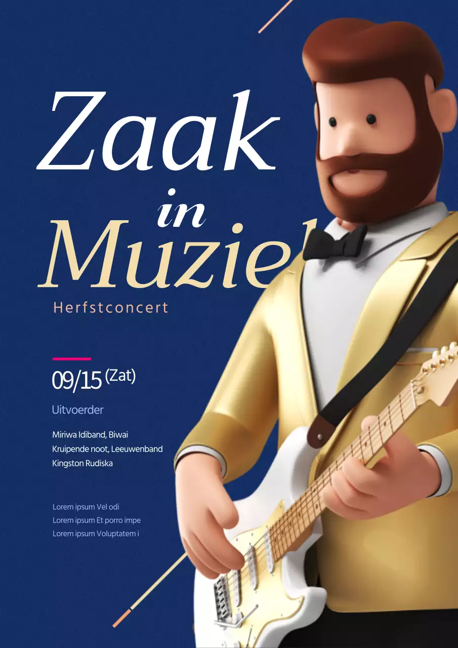 Promoot een eenvoudig concert met een 3D-personage dat op een marineblauwe gitaar speelt