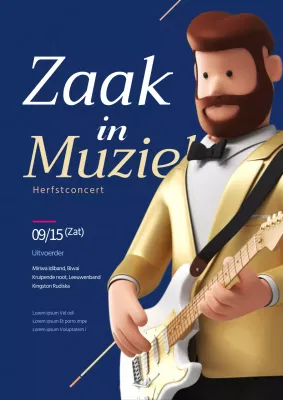 Promoot een eenvoudig concert met een 3D-personage dat op een marineblauwe gitaar speelt