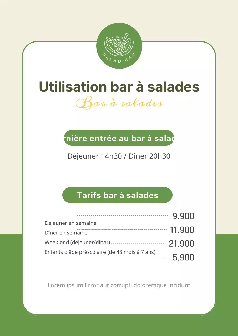 Comment utiliser le salad bar de Greentone Informations en magasin Affiches Affiches dans le salad bar Annonces sur les règles d'utilisation