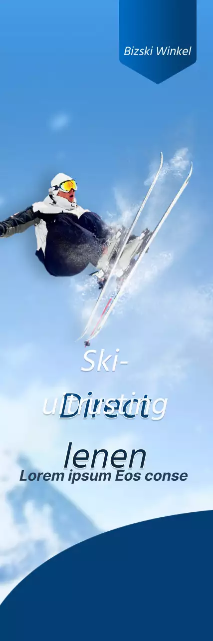 Een skishop met een eenvoudig concept in marineblauw en wit voor winkelinformatie en promotie.