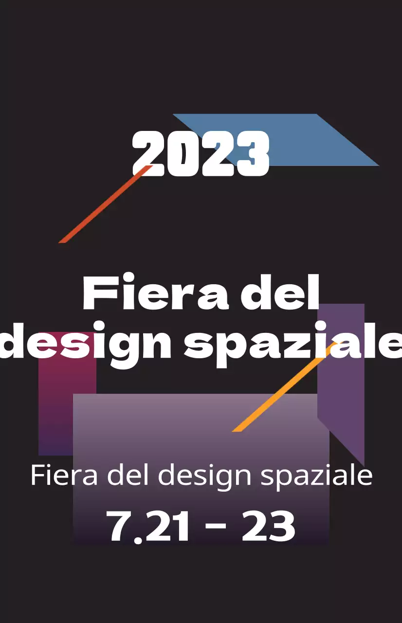 Promuovere una fiera del design spaziale con illustrazioni colorate di forme e testi.