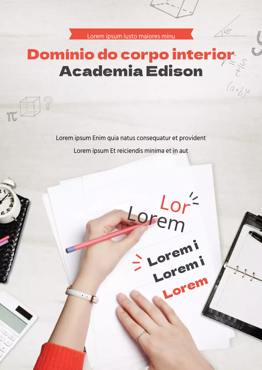 Promova a sua escola com fotografias de diferentes instrumentos de escrita a vermelho e preto.
