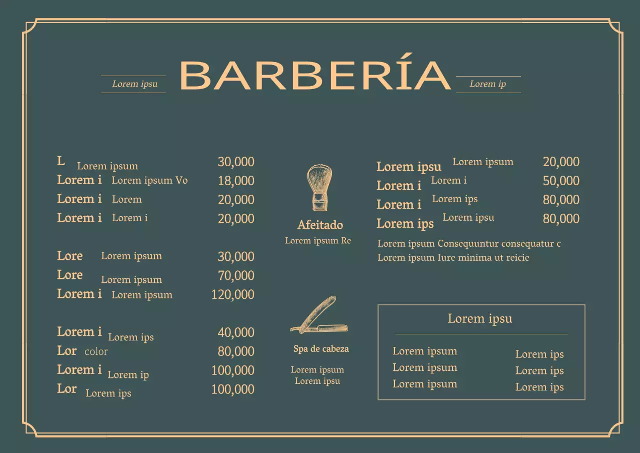 Verde amarillo ilustración vintage salón de belleza menú