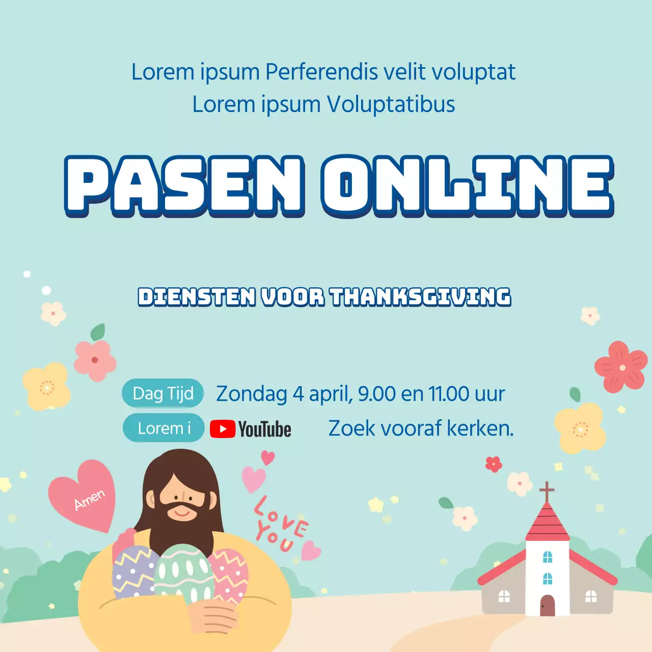 Blauwe illustratie schattige kerk Pasen online dienstaankondiging
