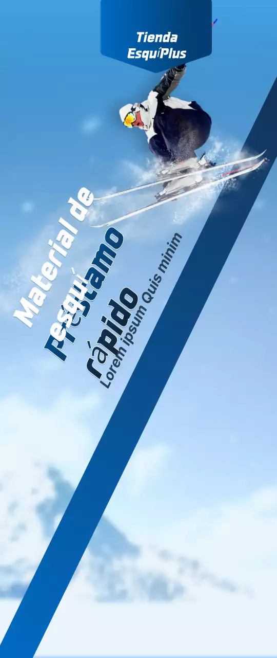 Una tienda de esquí con un concepto sencillo en azul marino y blanco para información y promoción de la tienda.