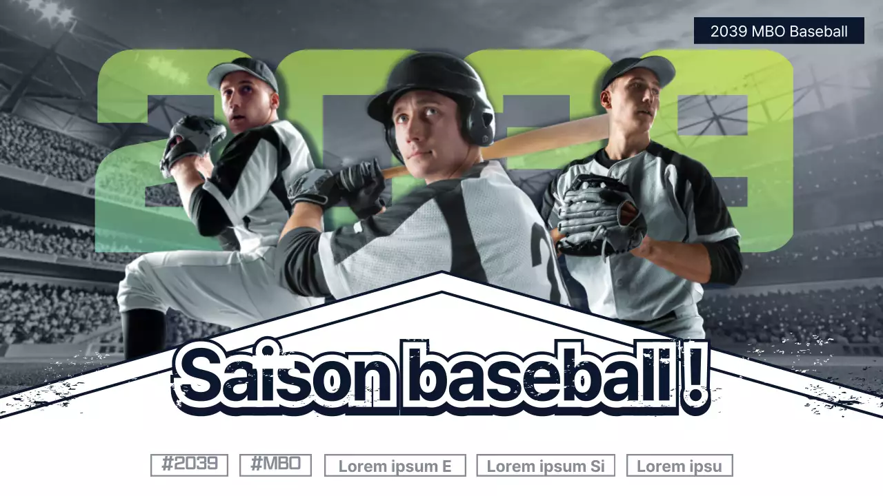 Annonce d'un événement de baseball avec un concept épuré en bleu marine foncé et couleurs fluorescentes