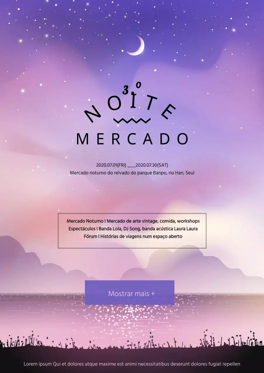 Promover um mercado noturno com uma ilustração de paisagem púrpura