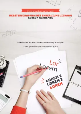 Promoot je school met foto's van verschillende schrijfinstrumenten in rood en zwart.