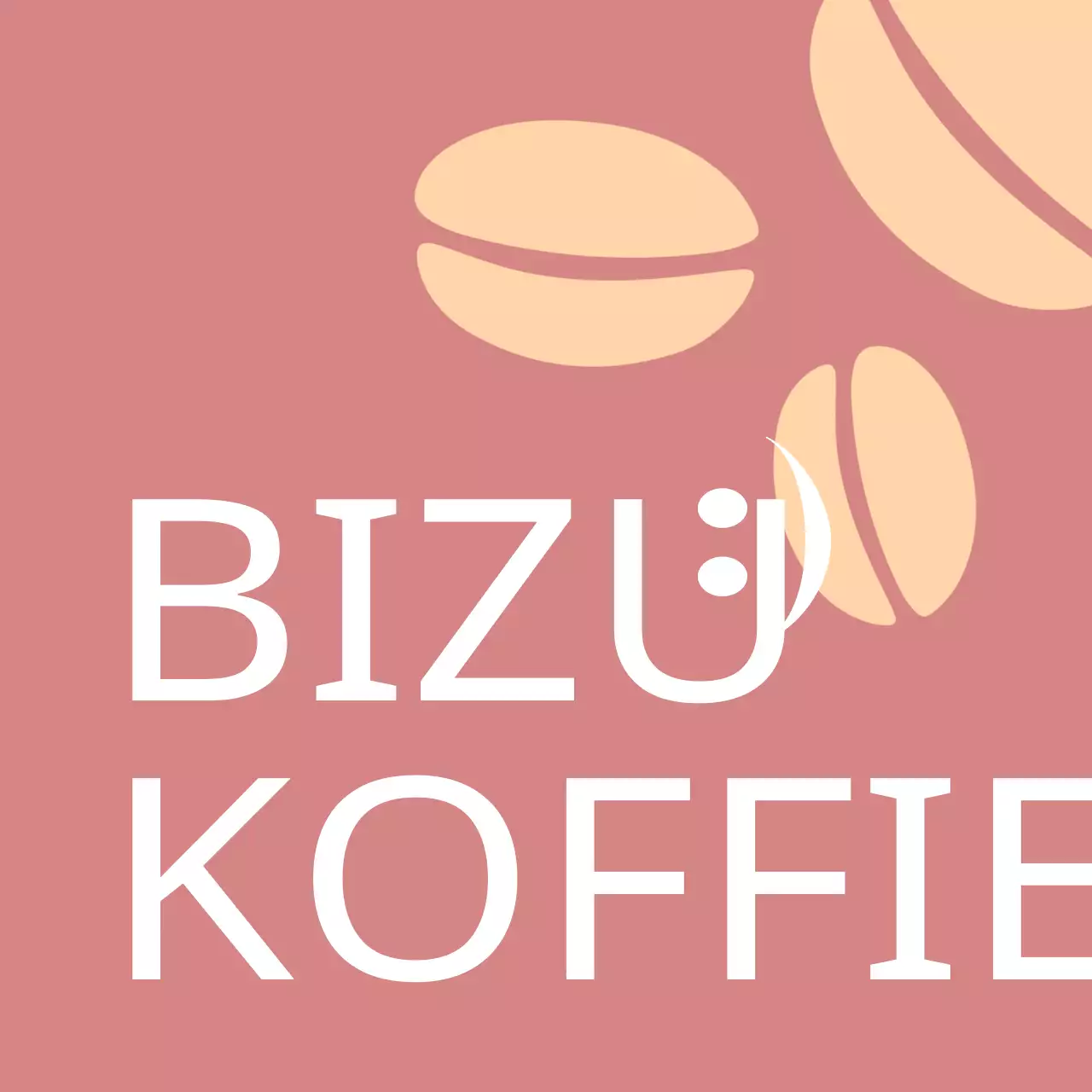 Een klassieke cafépromotie met een witte tekstillustratie van koffiebonen in roodbruin en lichtgeel.