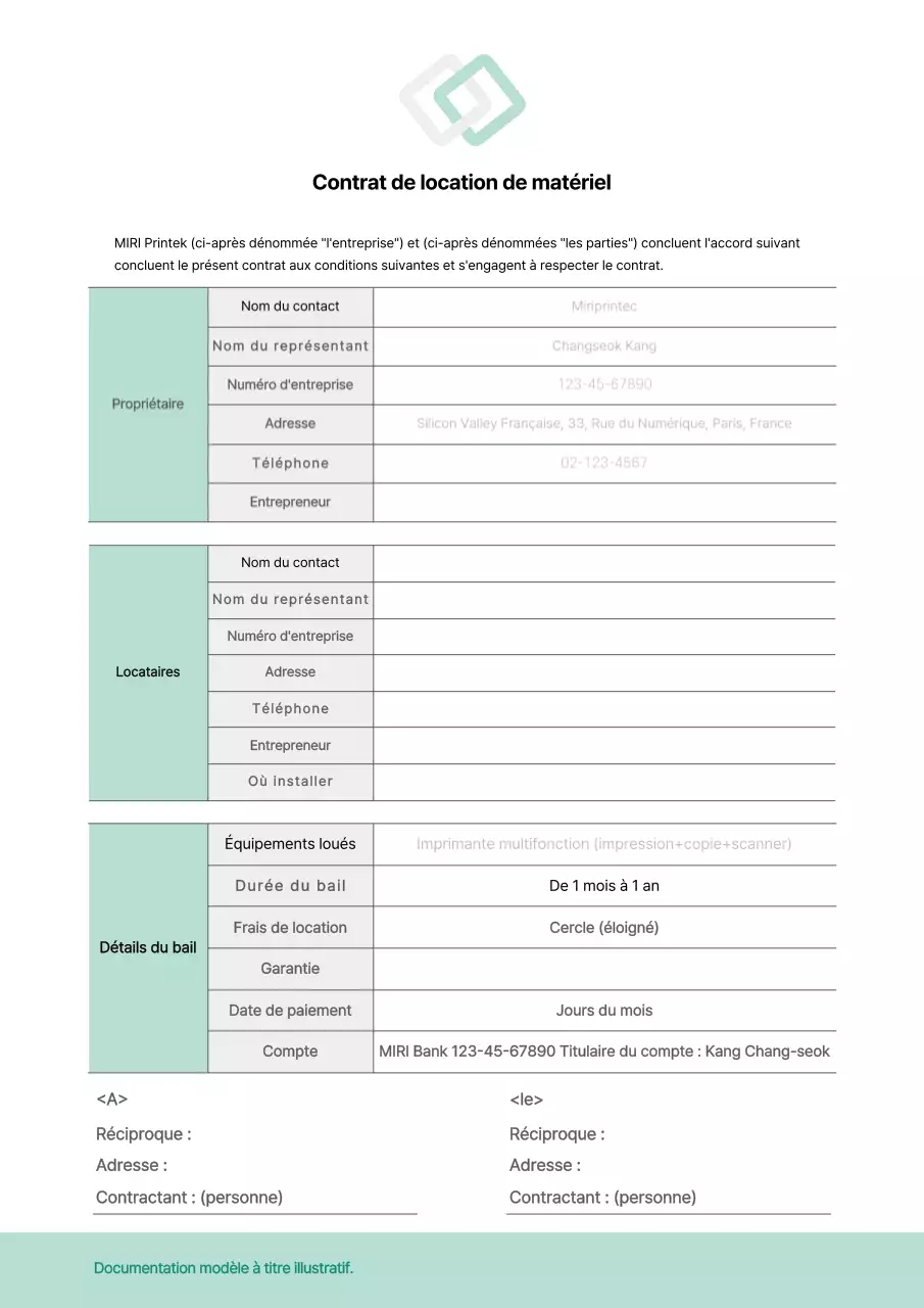 Contrat de location de matériel contrat de location de matériel document d'affaires dans les tons gris et verts